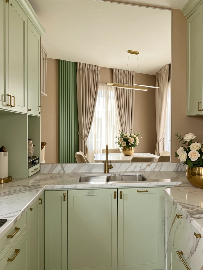 Armários verde-claros, bancada de mármore e puxadores dourados em cozinha com lustre alongado e espelho refletindo sala de jantar.