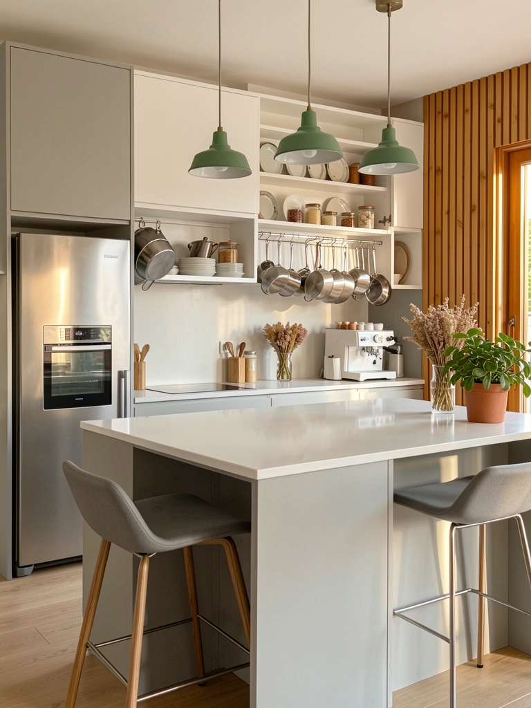 Pendentes verdes sobre ilha cinza com bancada branca, frigorífico inox e vaso de plantas, luz natural.