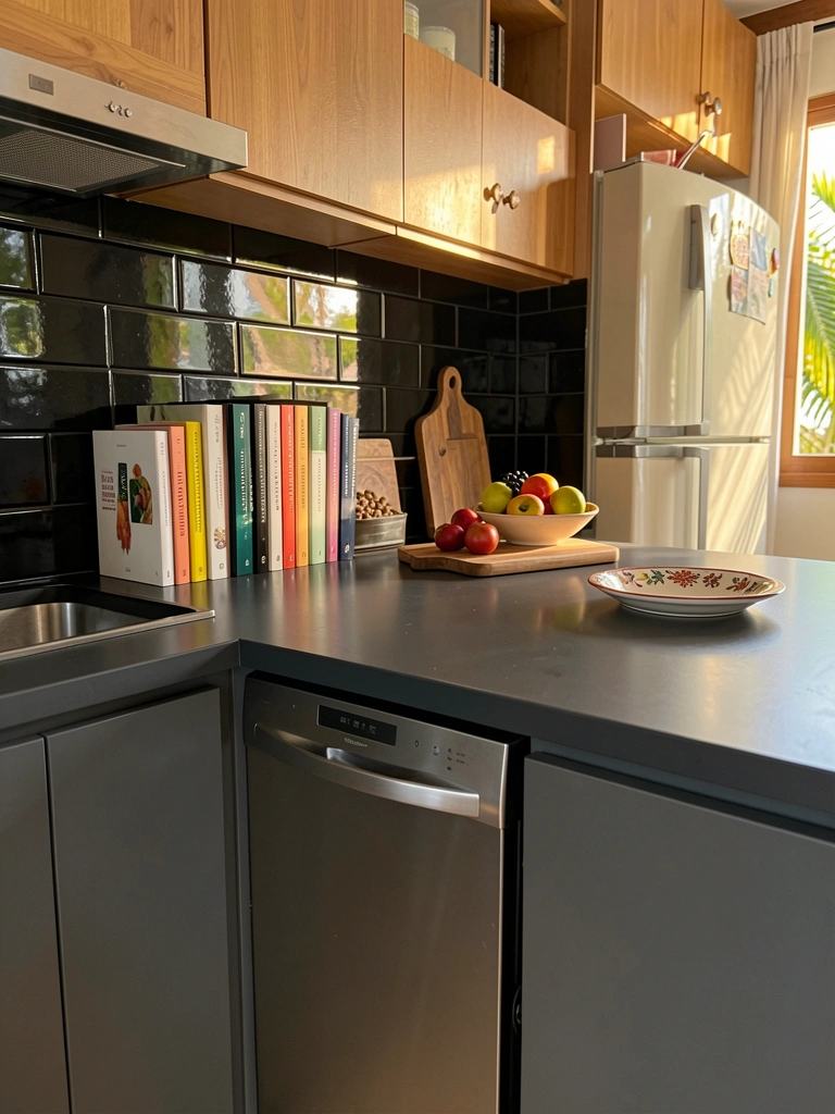 Bancada de cozinha com armários cinza escuro, lava-louças de aço inoxidável, cookbooks e tábua de madeira com frutas, luz natural refletindo no azulejo preto brilhante.