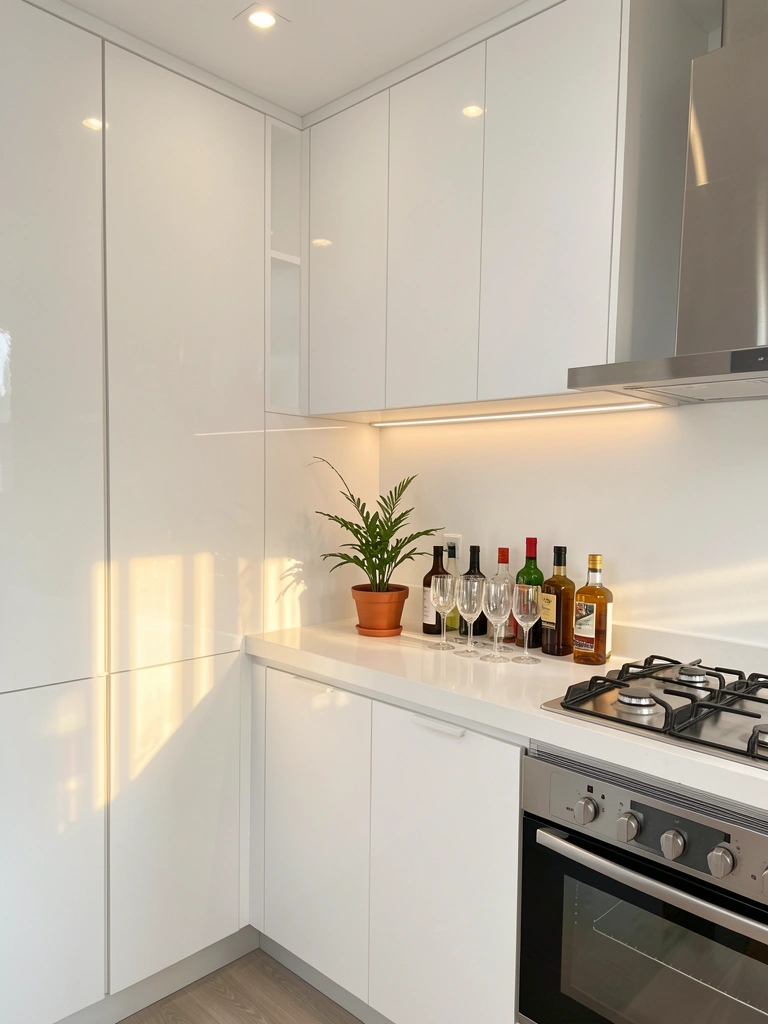 Bancada branca com fogão de inox, vaso de planta e frascos de vidro, luz natural filtrada por janela.