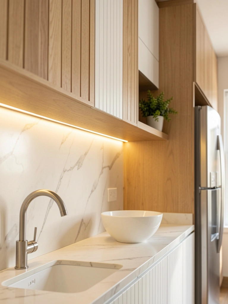LED sob armários de madeira clara ilumina bancada de mármore, com tigela branca e torneira de aço inox ao lado.