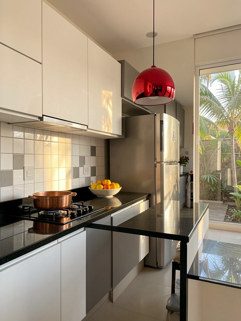 Pendente vermelho brilhante sobre fogão, bancada de granito preto com cobre e frutas, armários branco e cinza, luz natural.