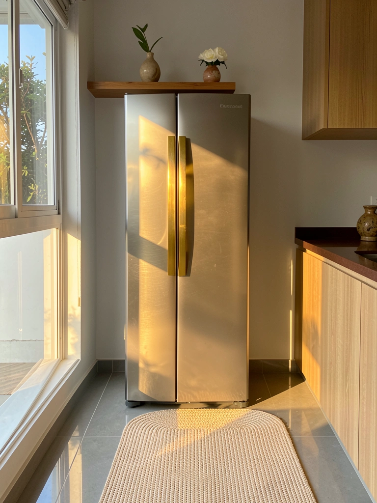 Geladeira de aço inoxidável com puxador dourado escovado contra parede cinza claro, tapete bege no piso de cerâmica, vaso com flor branca na prateleira e luz solar entrando pela janela.