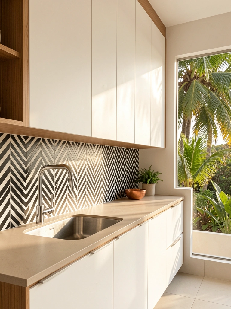 Bancada bege clara com vaso de planta e tigela de cobre, splashback em ziguezague preto e branco e armários brancos até o teto sob luz natural.