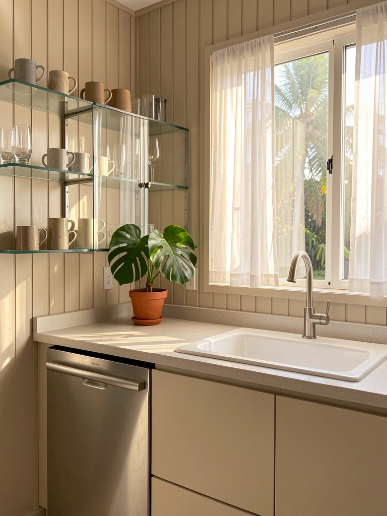 Luz natural incide sobre bancada de cozinha com vaso de Monstera, pia branca e torneira escovada, armários bege e prateleira com canecas e copos.