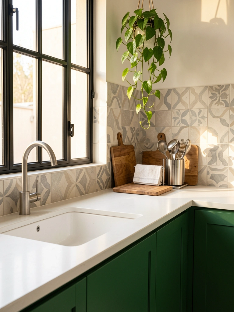 Bancada branca com pia de aço inox, armário verde, backsplash geométrico e planta pendente, luz natural.