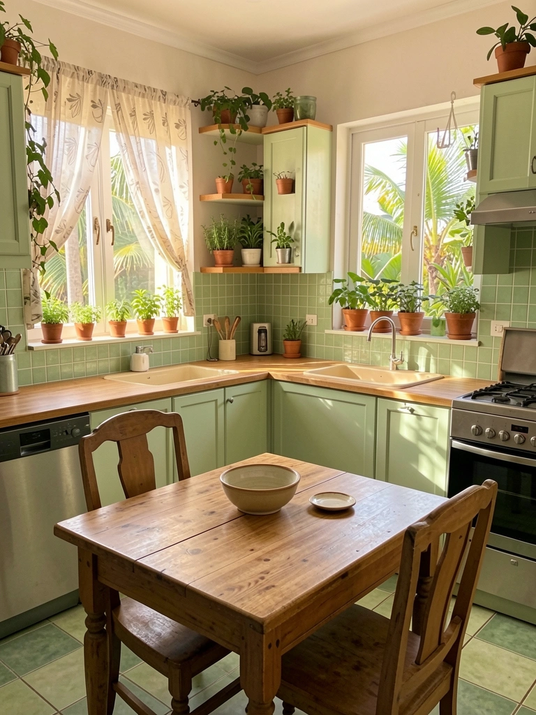 Luz natural incide sobre cozinha com armários verde-claros, bancada de madeira e azulejos verdes no backsplash; vasos de plantas no parapeito e mesa central com tigela de cerâmica.