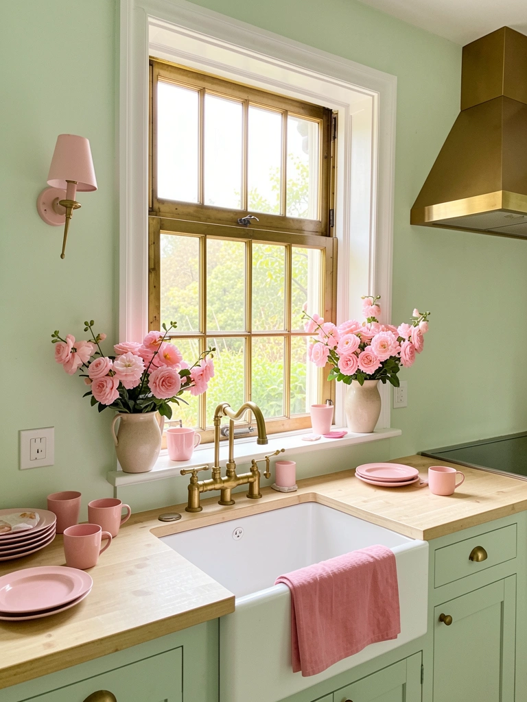Luz natural entra por janela com moldura de latão sobre pia de fazenda branca com pano rosa, buquê em vaso cerâmico e armários verde-menta.