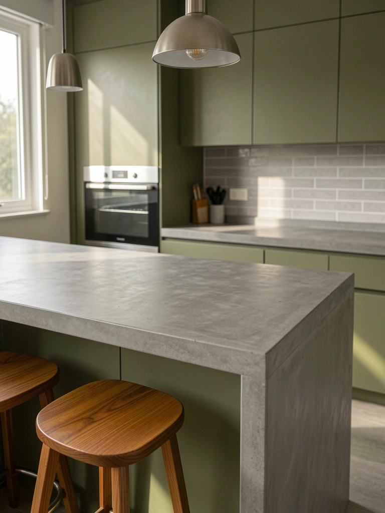 Balcão de concreto cinza com banco de madeira e pendente preto, armários verde-oliva e azulejos claros ao fundo.