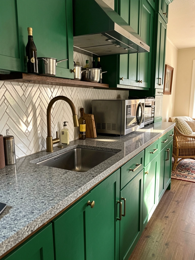 Bancada de granito cinza texturizado sobre ilha verde-escura, com cookware de aço inox e prateleira com garrafas, luz natural e sombras suaves.