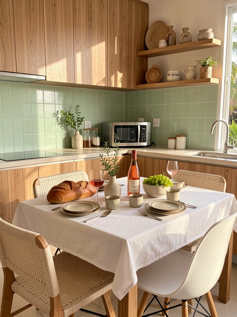 Mesa de madeira com toalha branca, pão, vinho rosé, uvas verdes e vaso com ramo, sob luz natural, com azulejos verdes claros e armários de madeira ao fundo.