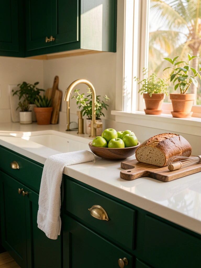 Armários verdes escuros, bancada branca com reflexos, torneira dourada, tábua de madeira com maçãs e pão, pano branco sobre a borda, fundo com plantas, luz natural.