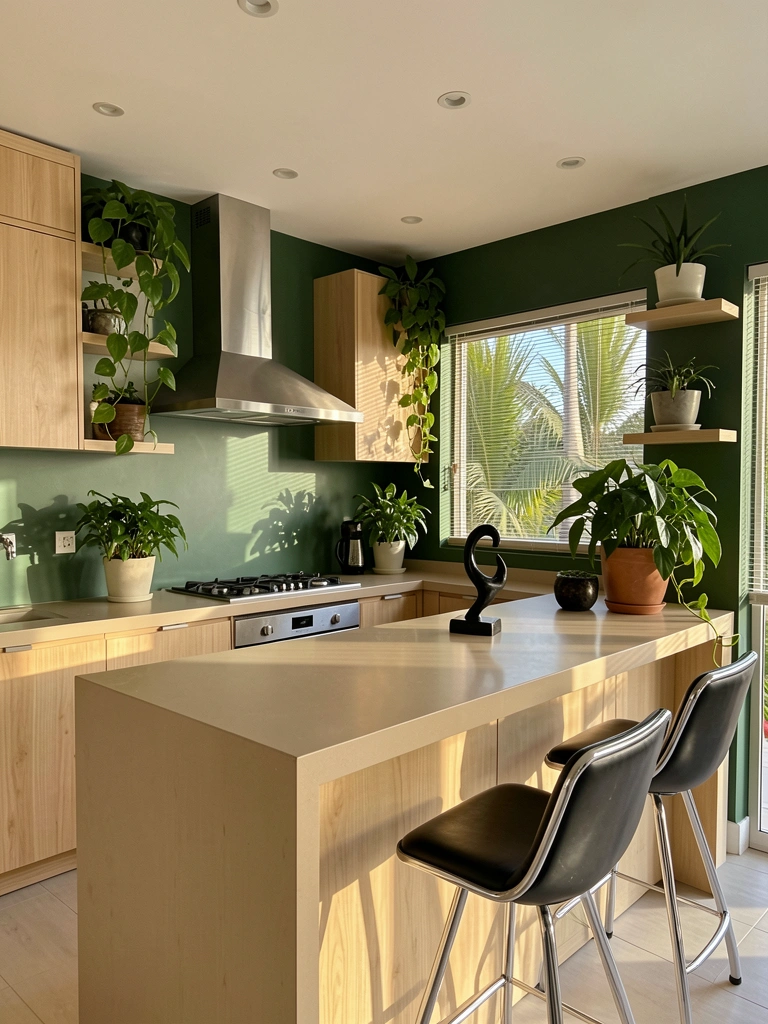 Luz natural incide sobre bancada bege com pothos, exaustor inox e parede verde escura, banco preto e cromado ao fundo.