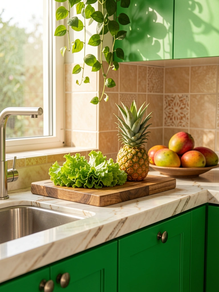 Marble countertop with green lettuce and pineapple on wooden board, ripe mangoes in bowl, green cabinet, stainless steel faucet, beige tile backsplash, cascading plants, warm daylight.