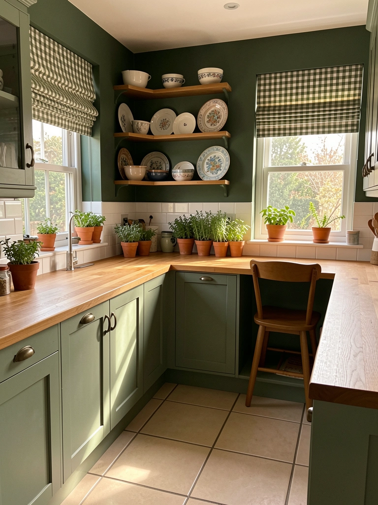 Folhas de hortelã em vaso de terracota sobre bancada de madeira clara, com azulejos verdes e brancos ao fundo e luz natural entrando pela janela.