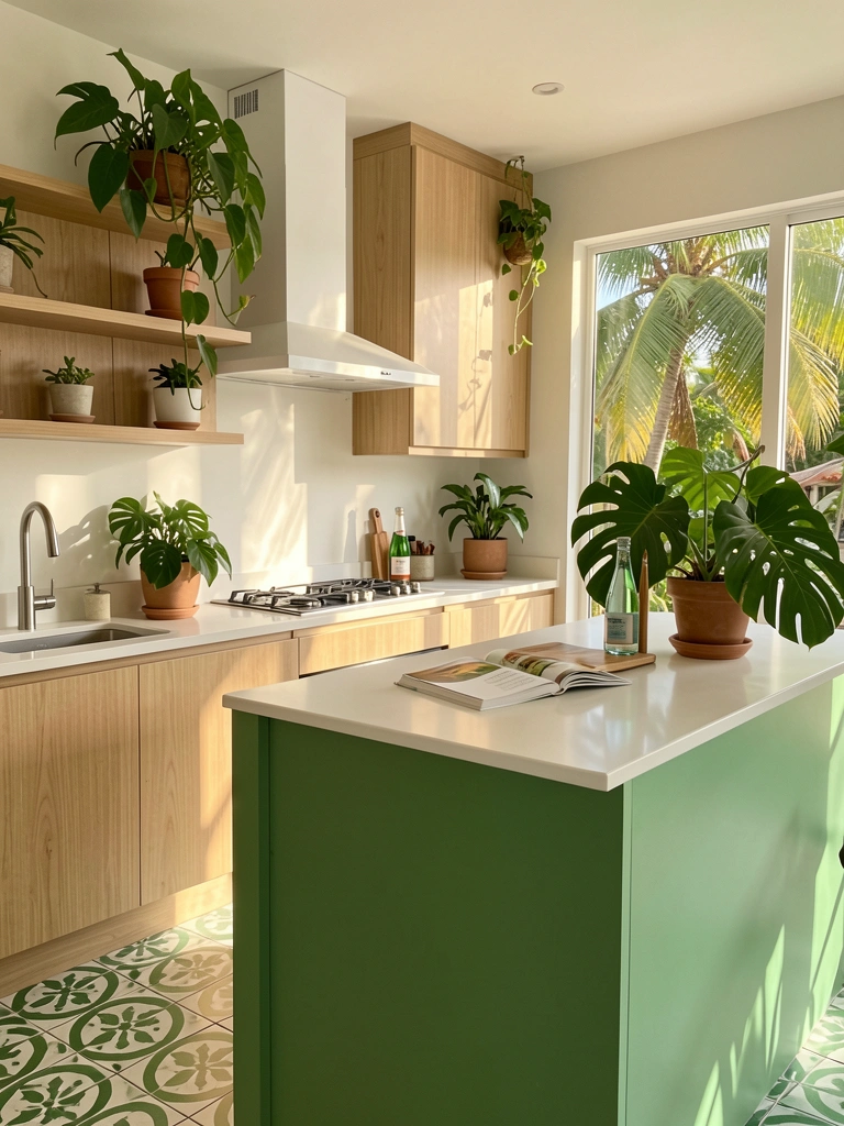 Armários de madeira clara, ilha verde e bancada branca em cozinha com piso padronizado verde e branco, luz natural e plantas