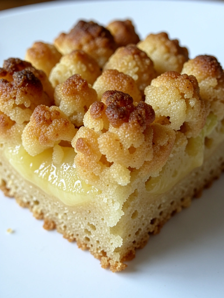 Bolo alemão quadrado com cobertura caramelizada e crocante, sobre superfície branca, com textura porosa e recheio amarelo brilhante.