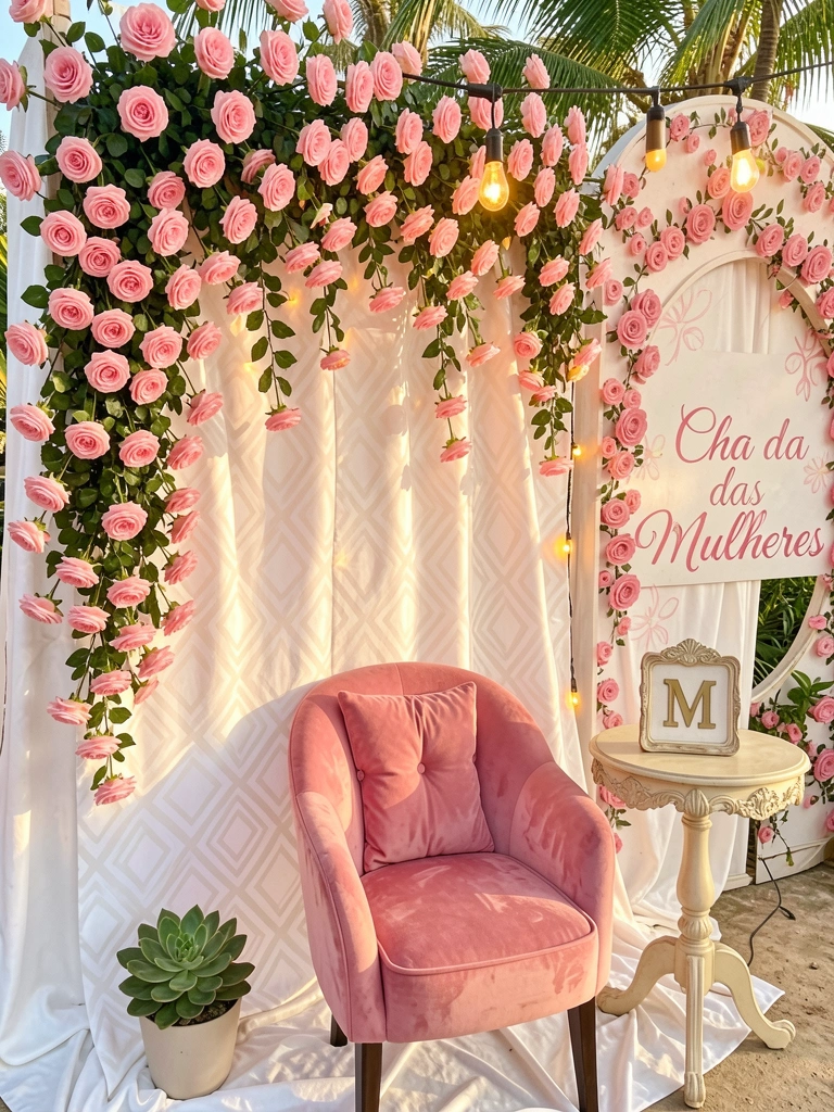 Arranjo de rosas cor-de-rosa sobre fundo branco com padrão geométrico, cadeira de veludo rosa, luzes de cordão e arco decorativo com banner