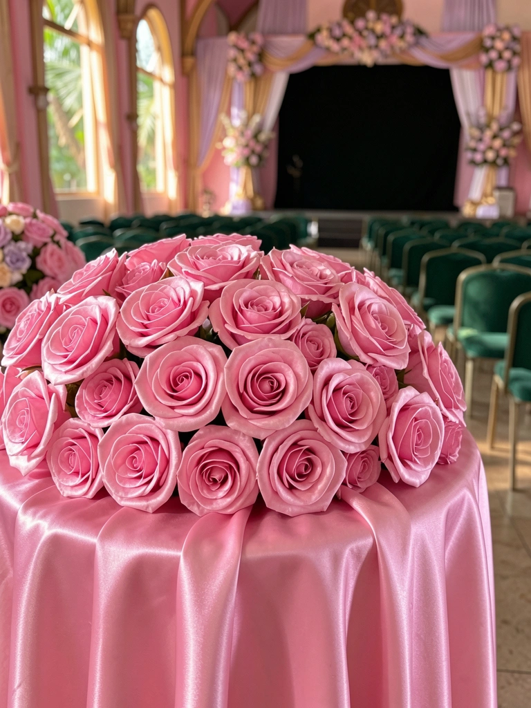 Arranjo exuberante de rosas de cetim rosa sobre mesa drapeada, fundo desfocado com cadeiras verdes e palco preto, luz difusa.