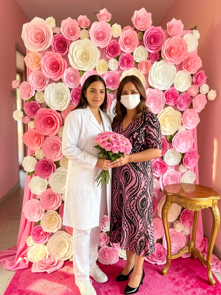 Mulheres em vestido estampado e jaleco branco seguram buquê de rosas diante de instalação de papel com rosas, luz natural e fundo cor-de-rosa.