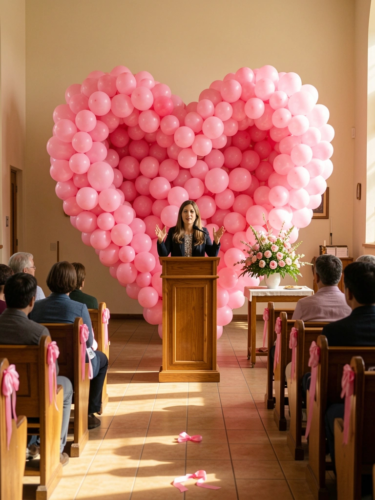 Coração gigante de balões rosa atrás de púlpito de madeira onde mulher fala e gesticula, bancos de igreja com pessoas e laços rosa, luz natural e piso claro.