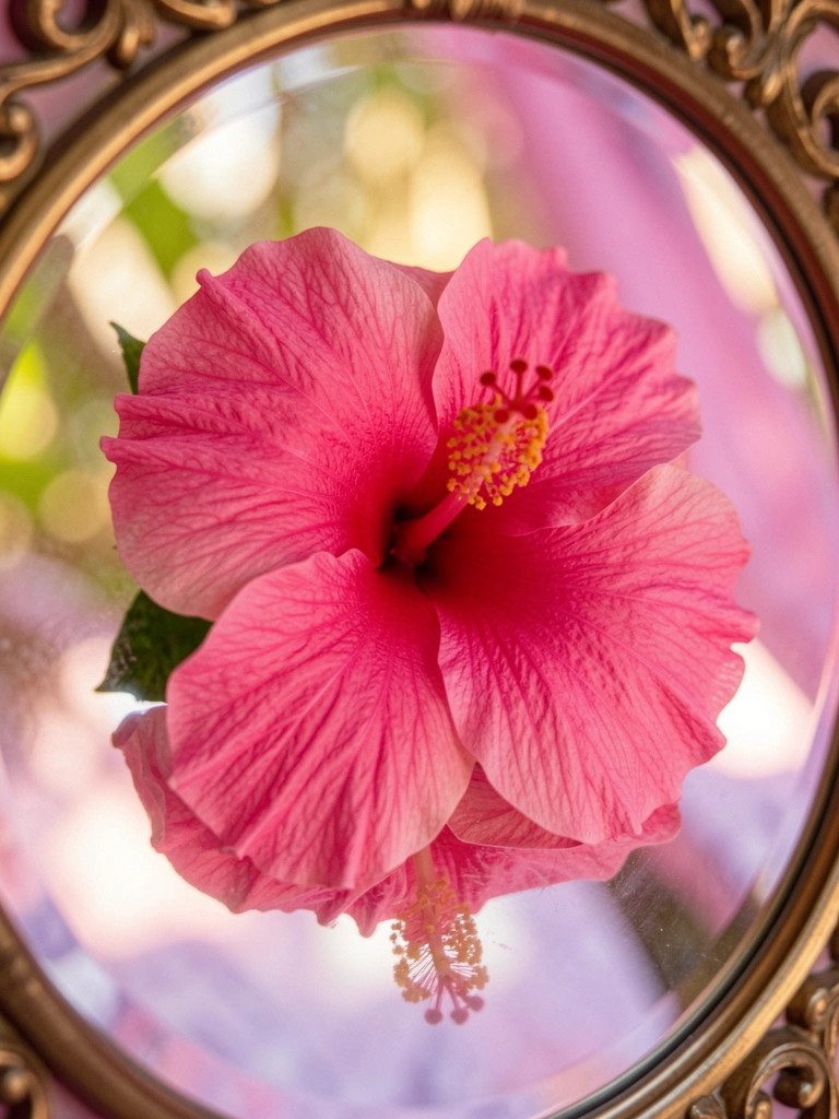 Close de hibisco rosa vibrante refletido em espelho ornamentado, com luz difusa e fundo suave em tons rosados e roxos.