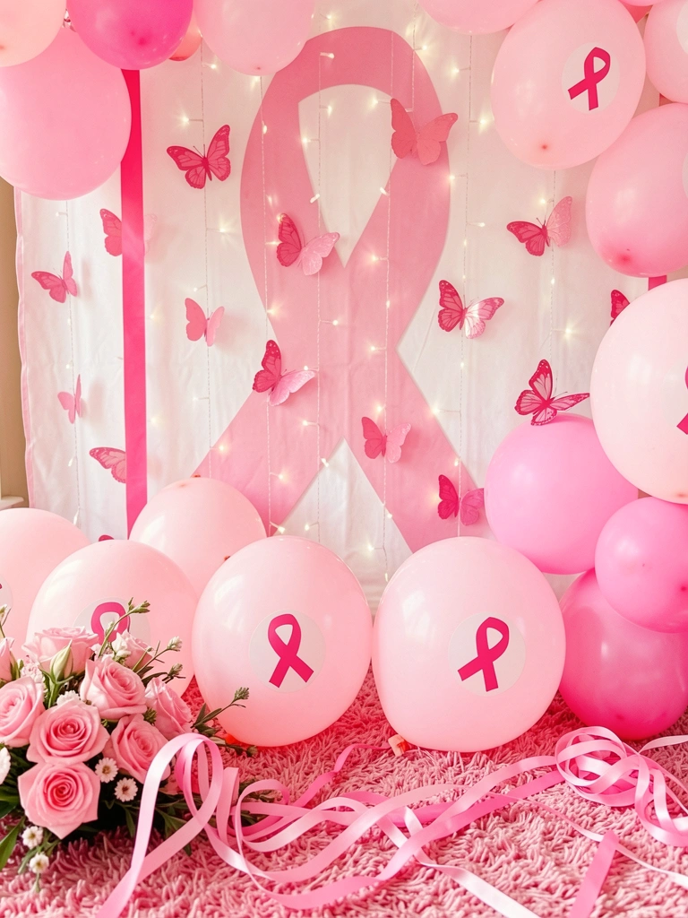Balões rosa, laços e borboletas decoram painel festivo com luzes cintilantes, carpete felpudo rosa e arranjo floral no primeiro plano.