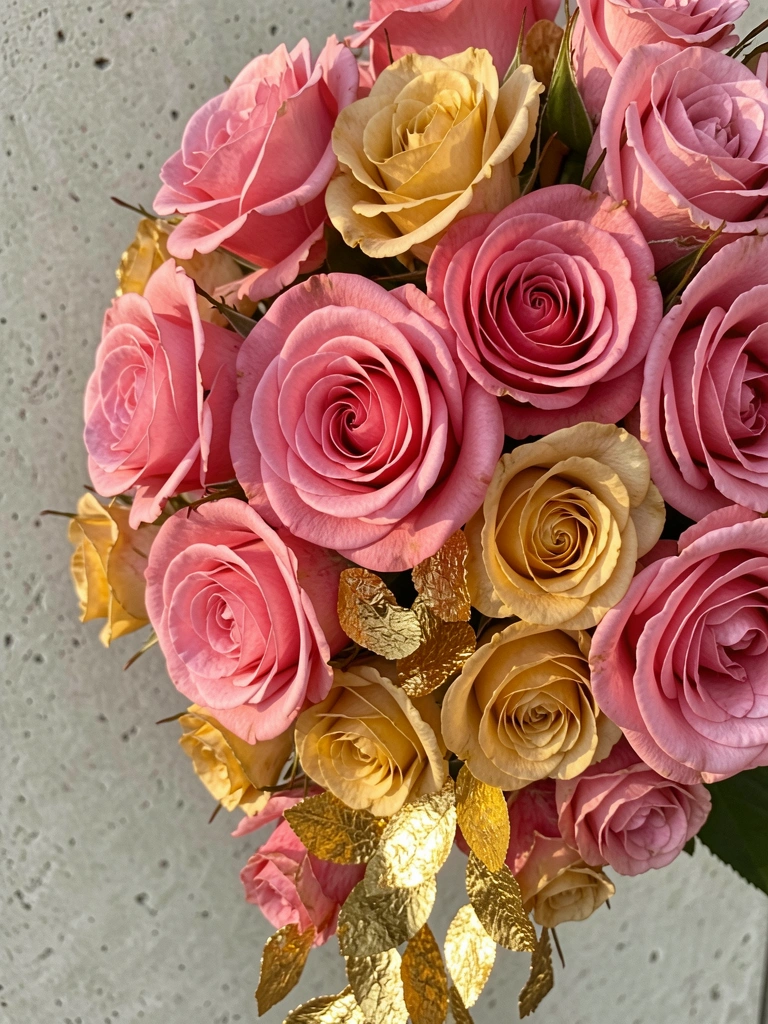 Rosa aveludada rosa e rosa dourada com folha de ouro sobre fundo de concreto cinza claro, luz natural destacando pétalas e espinhos.