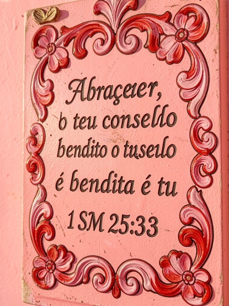 Placa decorativa rosa com detalhes florais vermelhos e a frase