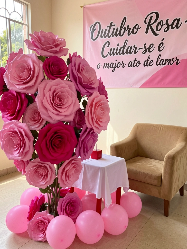 Rosas de papel em tons de rosa e balões felpudos sobre mesa vermelha com toalha branca, poltrona bege ao lado e luz natural.