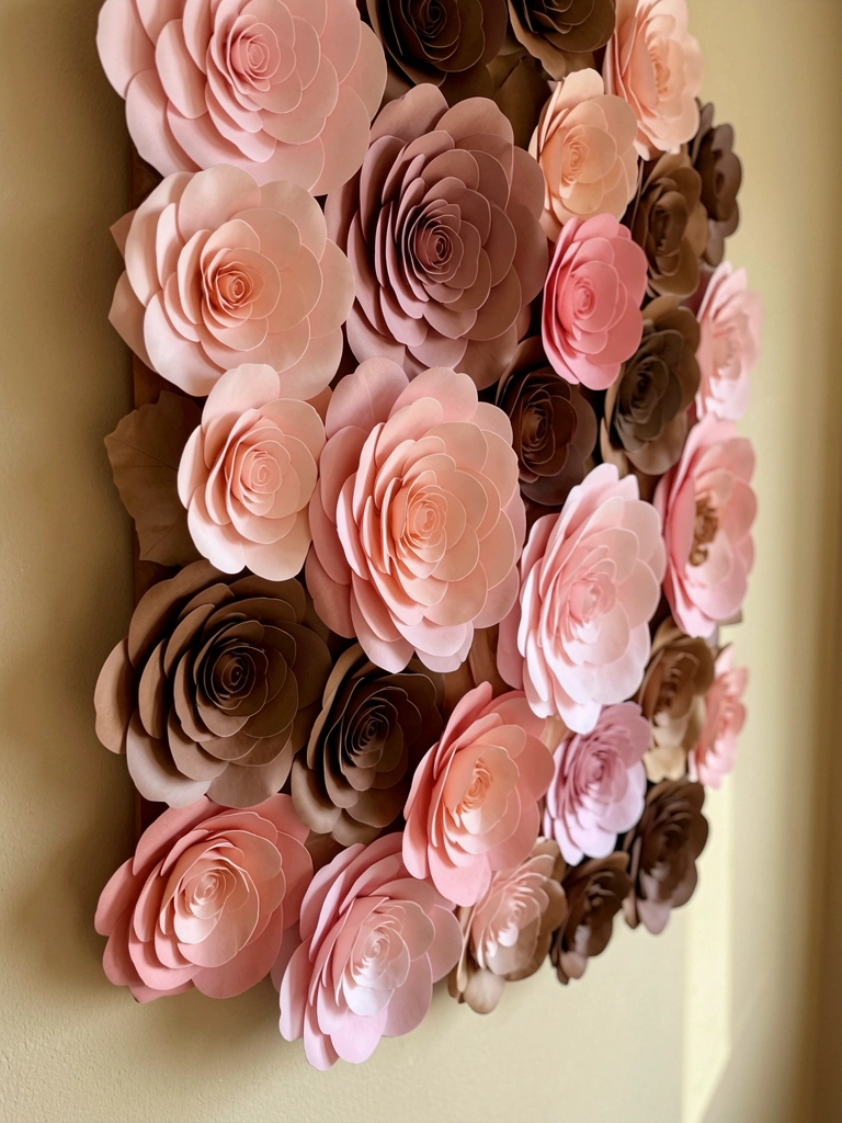 Arranjo de flores de papel em rosas e marrom, camadas de pétalas texturizadas, luz natural suave sobre fundo bege neutro.