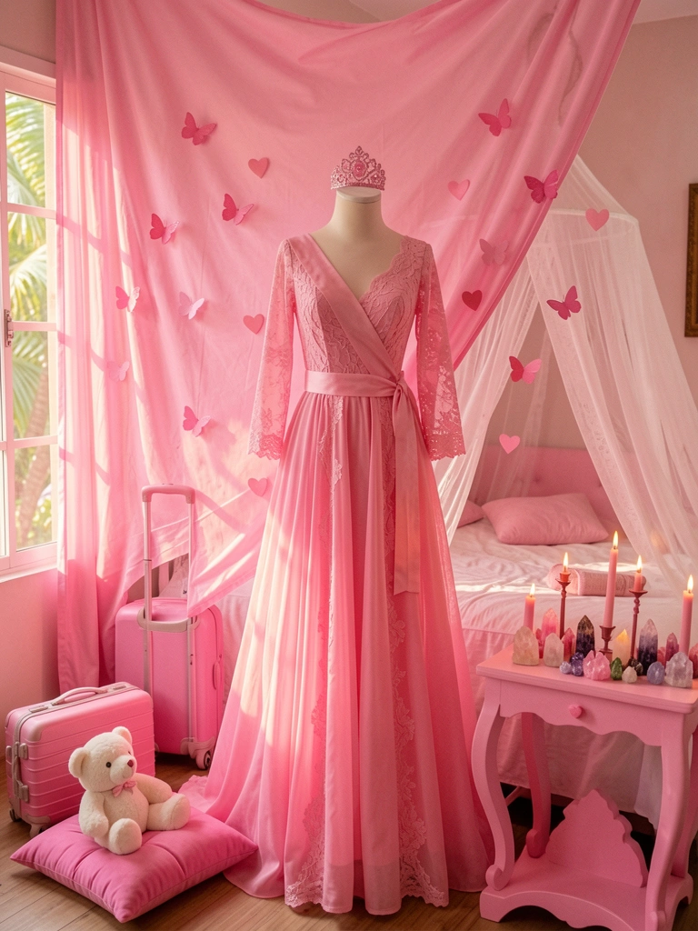 Manequim rosa com vestido de renda, tiara e faixa, em quarto com cama dossel, borboletas e corações flutuantes, altar com velas e cristais, luz natural.
