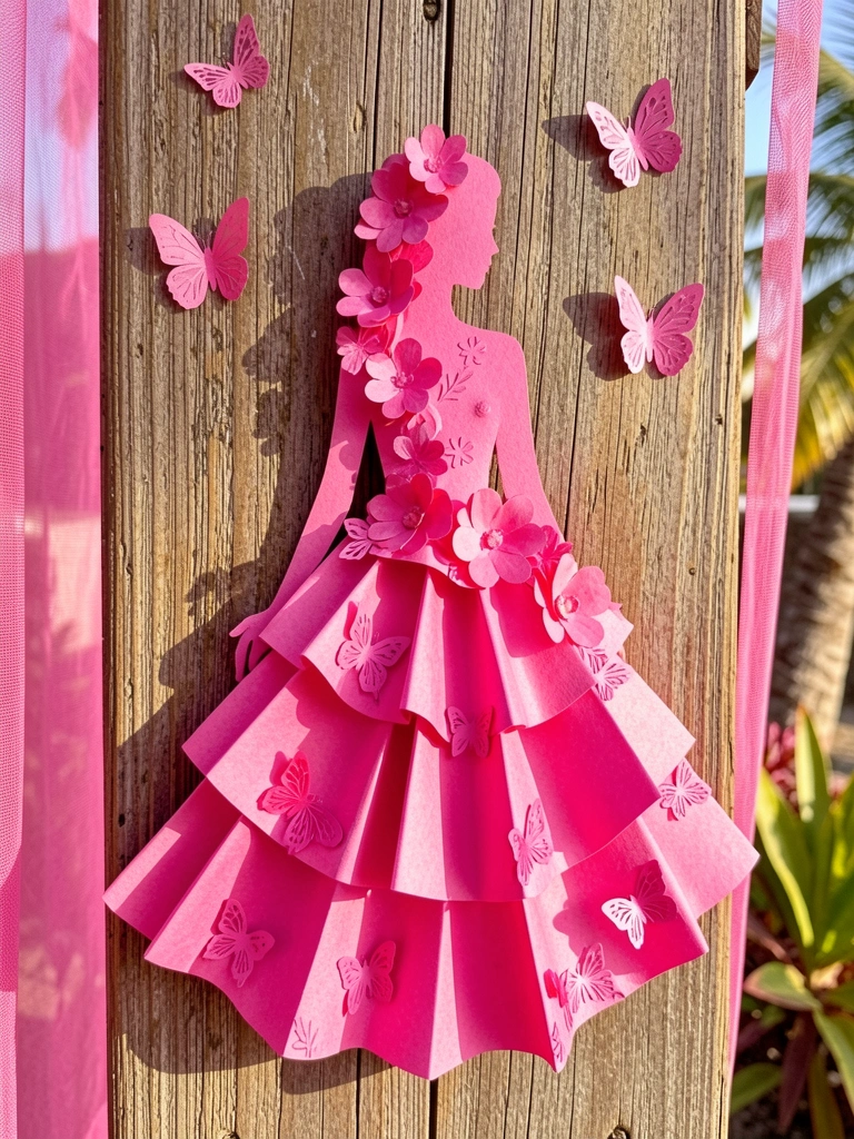 Close-up de silhueta de papel rosa de mulher com vestido esvoaçante, flores e borboletas de papel, sobre painel de madeira rústico com cortina rosa, luz natural.