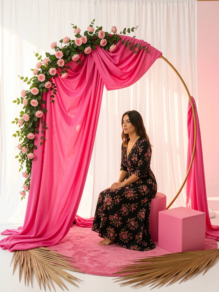 Tecido rosa vibrante sobre arco dourado com rosas e videiras, mulher de vestido preto floral em banquinho rosa, luz natural suave.