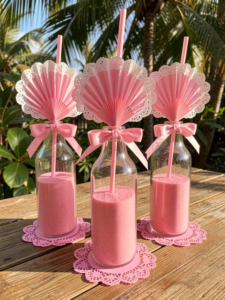 Três garrafas de vidro com areia rosa e leques de papel com renda branca e laço, sobre mesa de madeira com toalhinha de renda, luz natural.