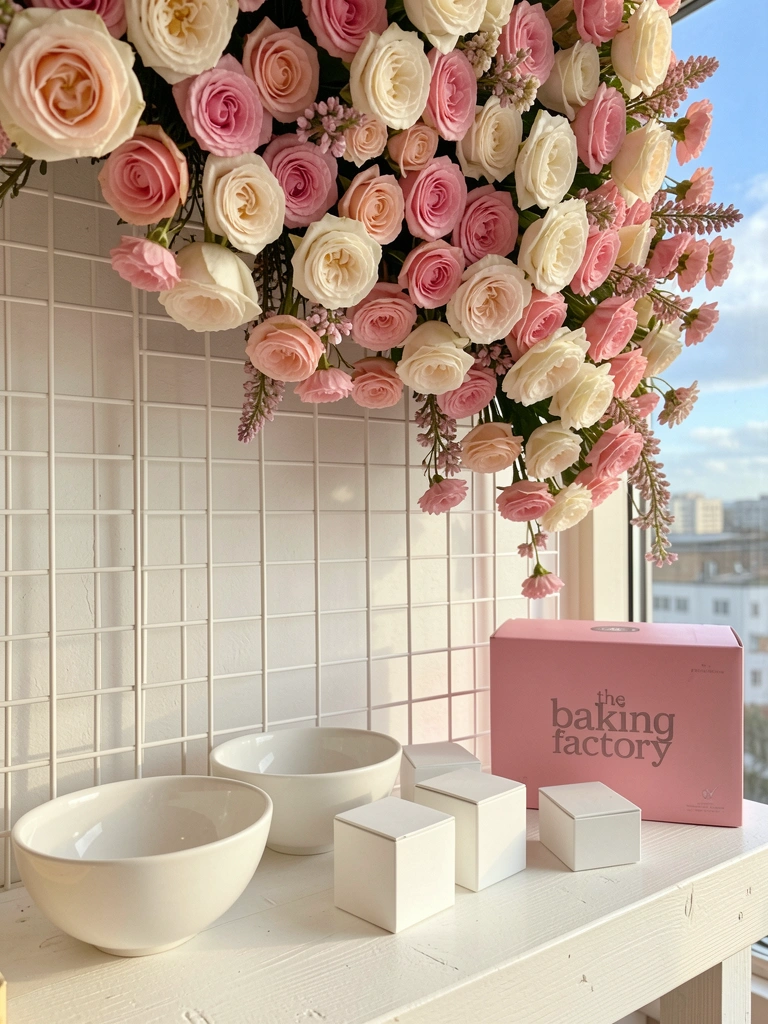 Arranjo de rosas brancas e rosas sobre painel geométrico branco, com tigelas de cerâmica e caixa rosa
