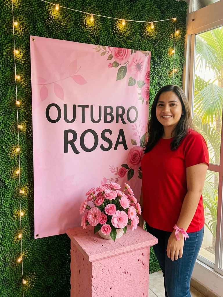 Mulher de blusa vermelha ao lado de banner rosa com letras pretas e arranjo floral, luz suave e parede verde com luzes