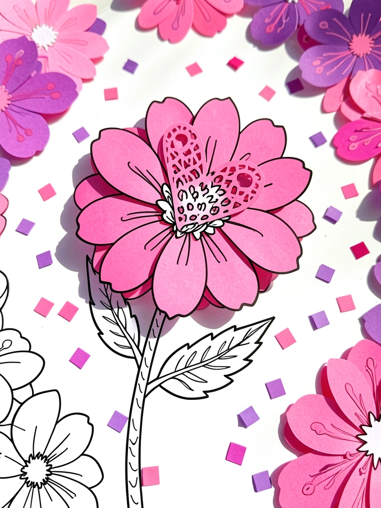 Flor rosa com pétalas detalhadas e miolo texturizado, coração de papel decorativo e confetes rosa e roxo ao redor, luz natural de dia, fundo branco puro.