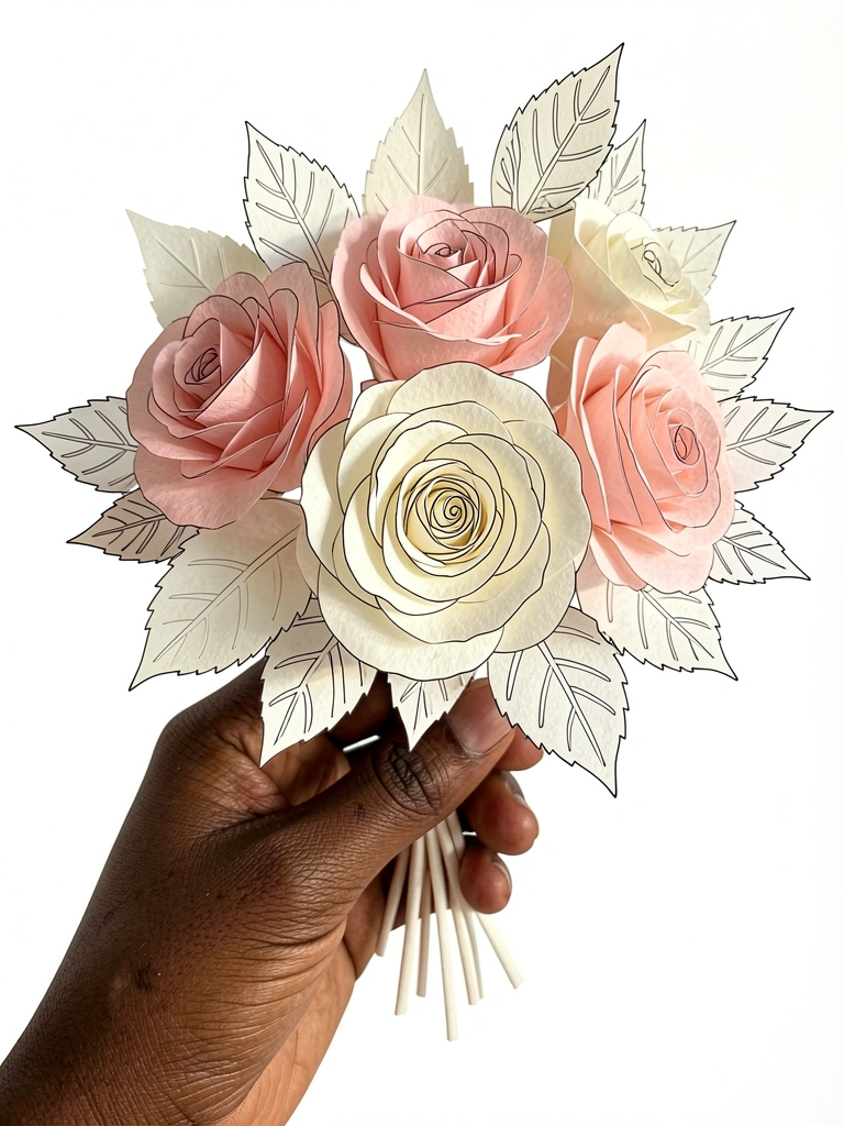 Mão morena segurando buquê de rosas de papel com camadas em rosa e branco, luz natural suave e fundo branco puro.