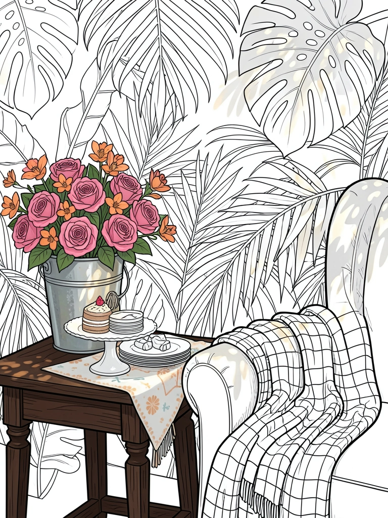 Mesa lateral de madeira escura com balde metálico vintage contendo buquê de rosas rosas e flores alaranjadas, luz natural filtrada por folhagens tropicais, prato de porcelana com sobremesa e pilha de pratos brancos.