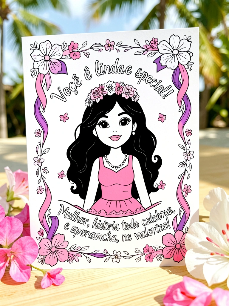 Cartão de felicitações com ilustração de mulher de cabelo escuro, vestido rosa e coroa floral, frases em português, sobre superfície de madeira clara com flores rosa e brancas.