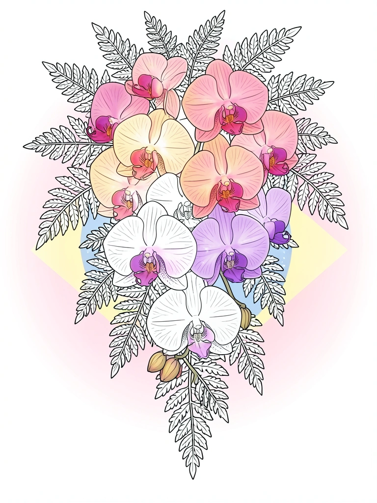 Orquídeas rosas e roxas com samambaias em arranjo floral estilizado, fundo gradiente claro, luz natural suave.