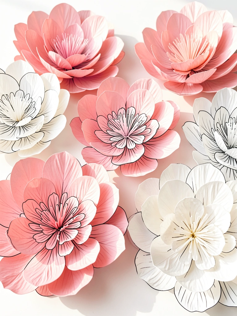 Grandes flores de papel em camadas, tons de rosa suave e branco, sobre fundo claro, luz natural com sombras suaves.