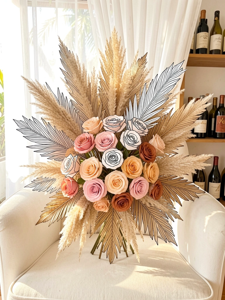 Arranjo de capim-dos-pampas e rosas blush, pêssego e terracota sobre poltrona bege, garrafas de vinho na estante ao fundo, luz natural suave.