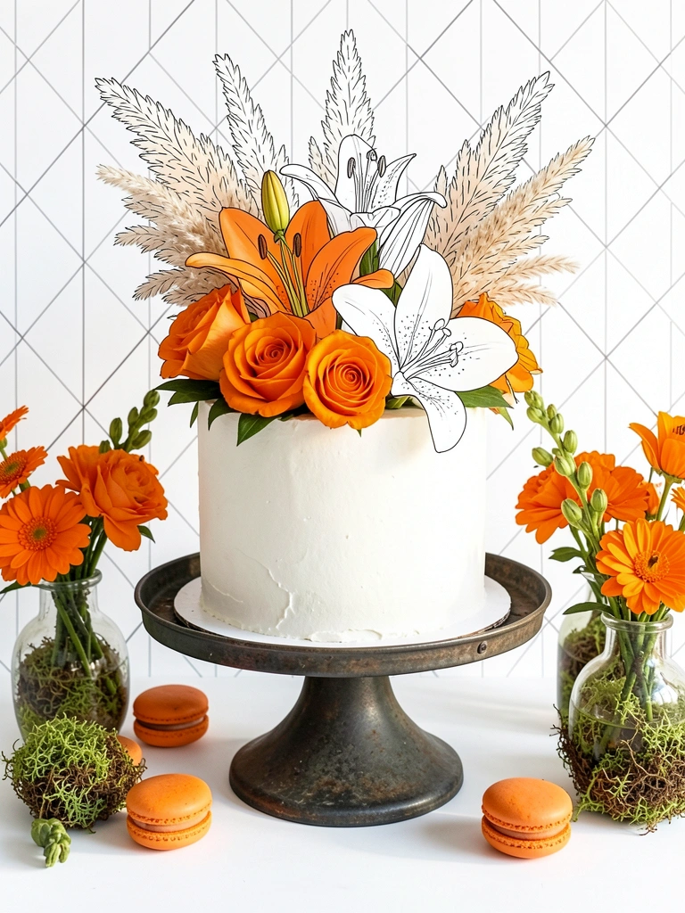 Bolo redondo branco com rosas laranjas, lírios e penachos, sobre suporte de metal escuro, com macarons e vasos de flores ao redor, luz natural.