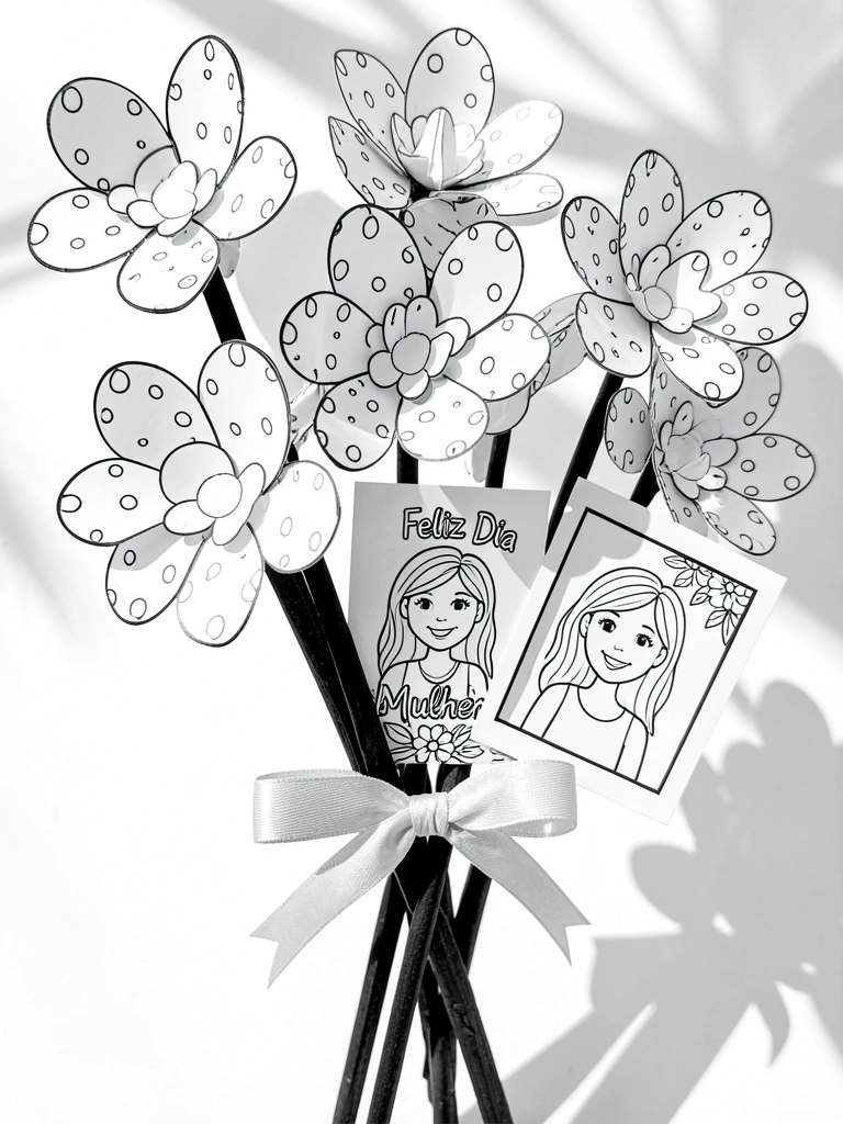Buquê de flores de papel com bolinhas brancas, gravura emoldurada e cartão 