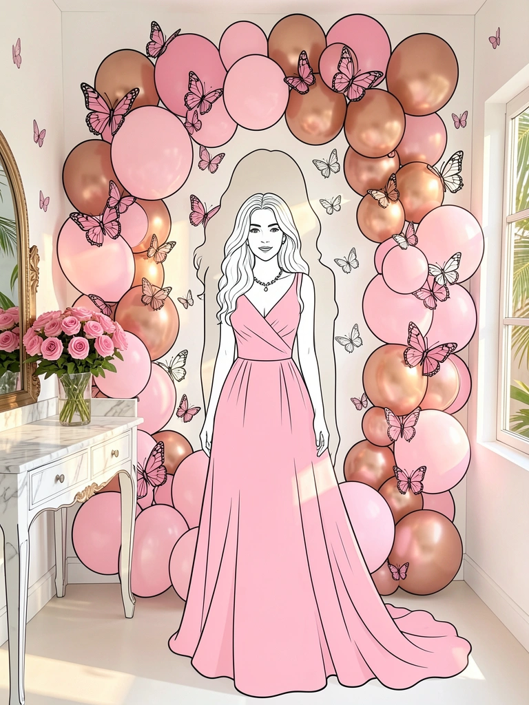 Mural com silhueta feminina e balões rosa, mulher de vestido fluido e colar em pé diante da obra, luz natural entrando por janela, mármore e buquê ao lado.