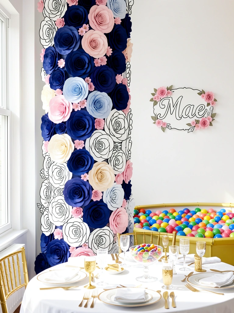 Coluna de flores de papel em tons de índigo e rosa sobre mesa com toalha branca, taças e piscina de bolinhas ao fundo, luz natural.