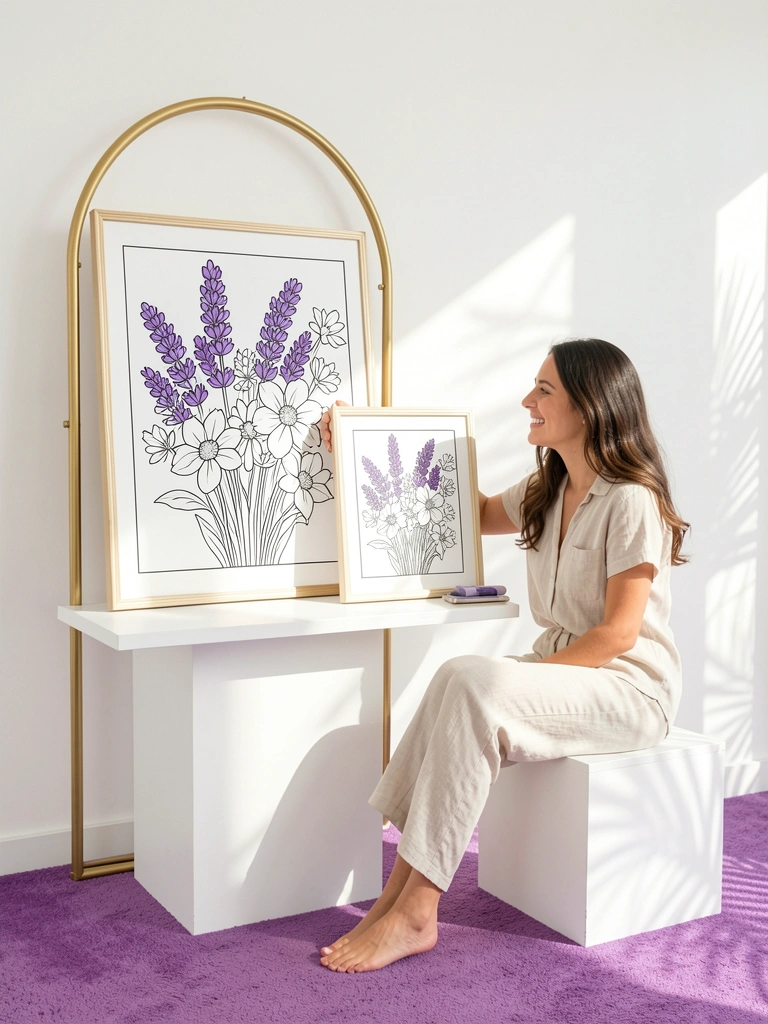 Mulher sentada em cubo branco, sorrindo para pinturas florais em cavalete sobre mesa, arco dourado ao fundo, luz natural.