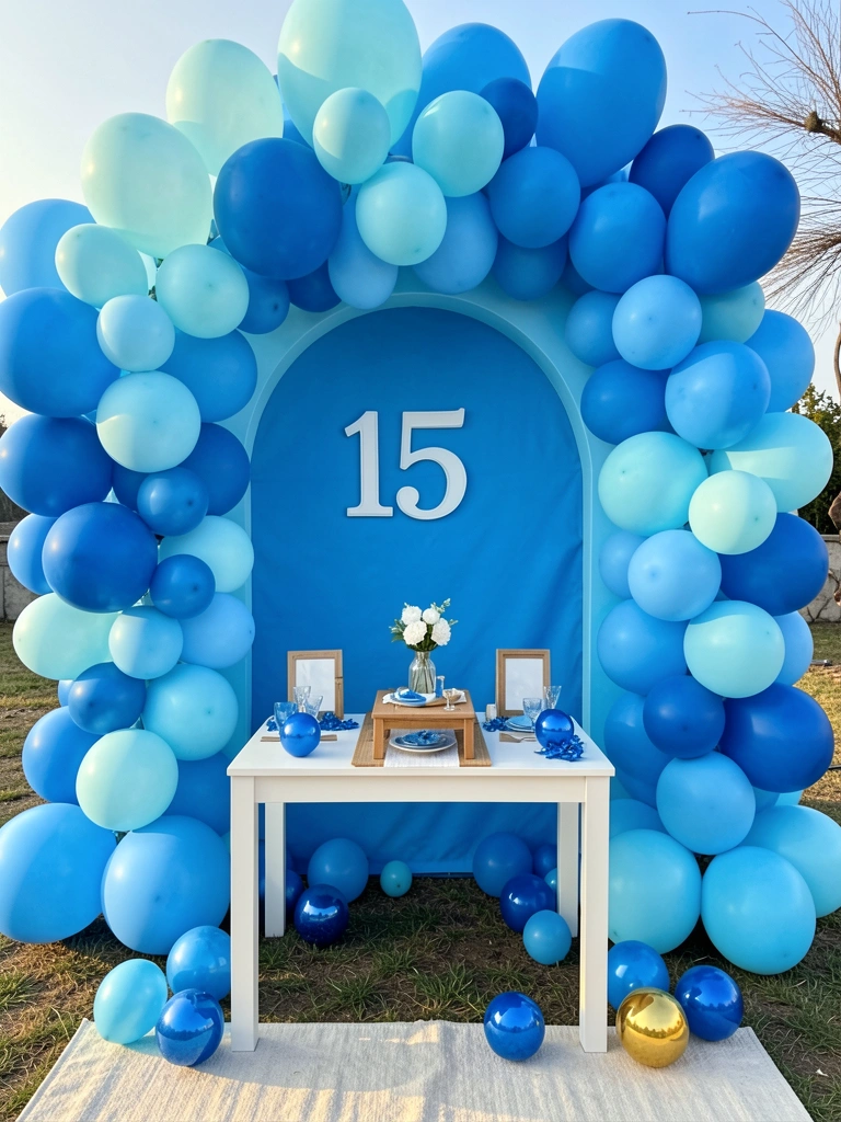Balões azuis em tons de ciano e azul-marinho formam um arco e se espalham sobre mesa branca com número 15 e mini vaso de flores, luz natural e tapete claro no chão.